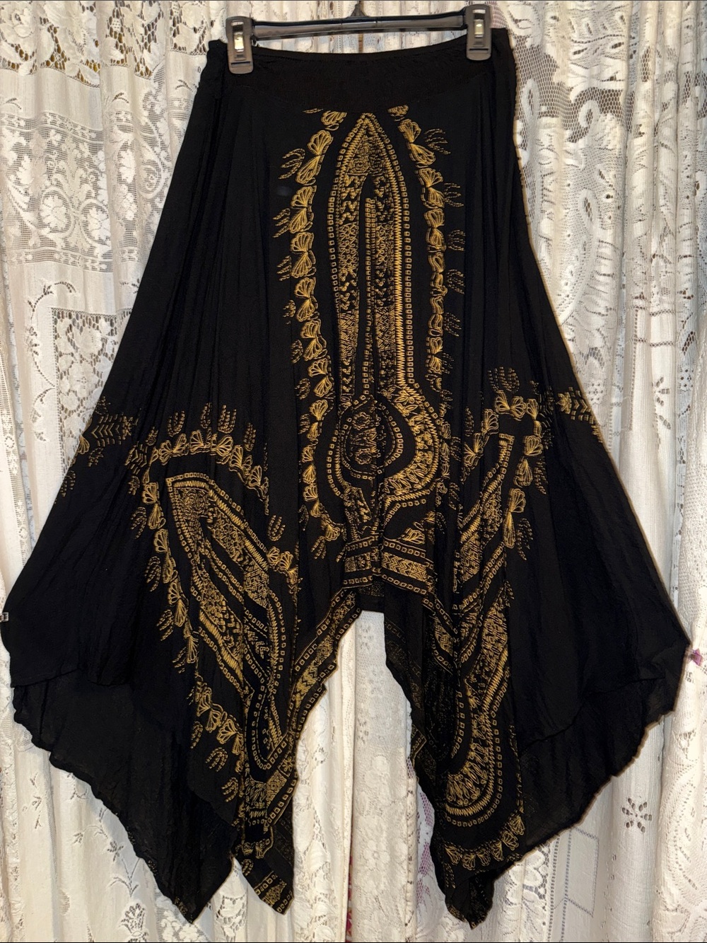 Asymmetrical Black Skirt with Gold Paisley Print